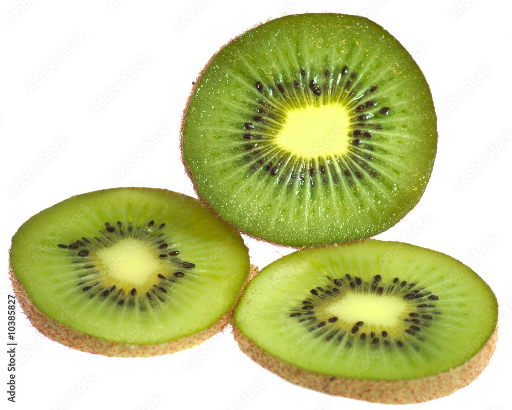split kiwi fruit and two slices isolated on white background split kiwi fruit and two slices isolated on white background
