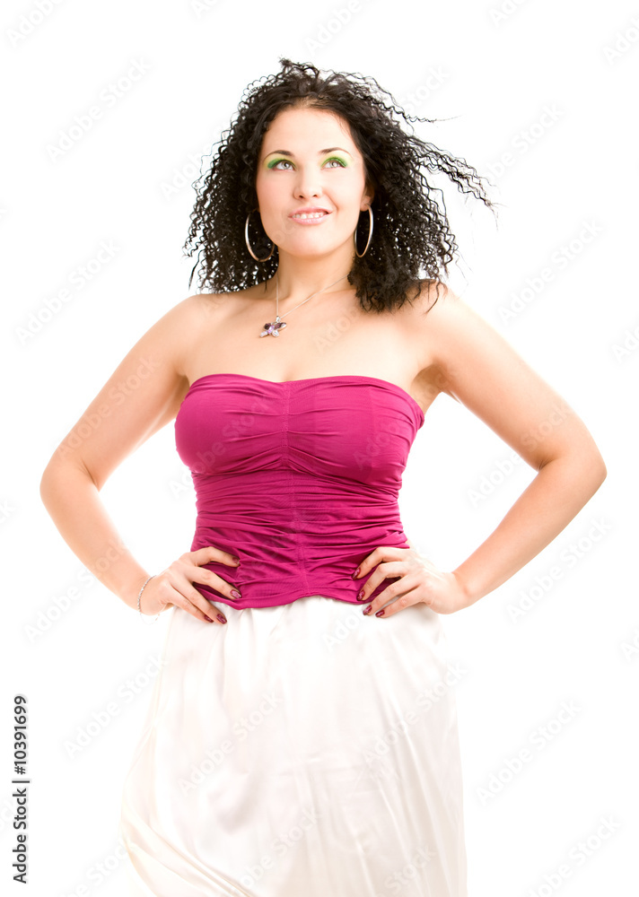 Lovely girl in magent top on isolated white Lovely girl in magent top on isolated white
