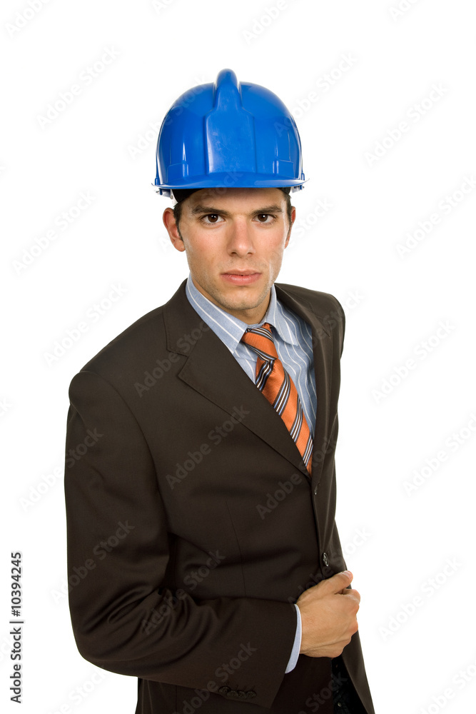 An engineer with blue hardhat, isolated on white An engineer with blue hardhat, isolated on white