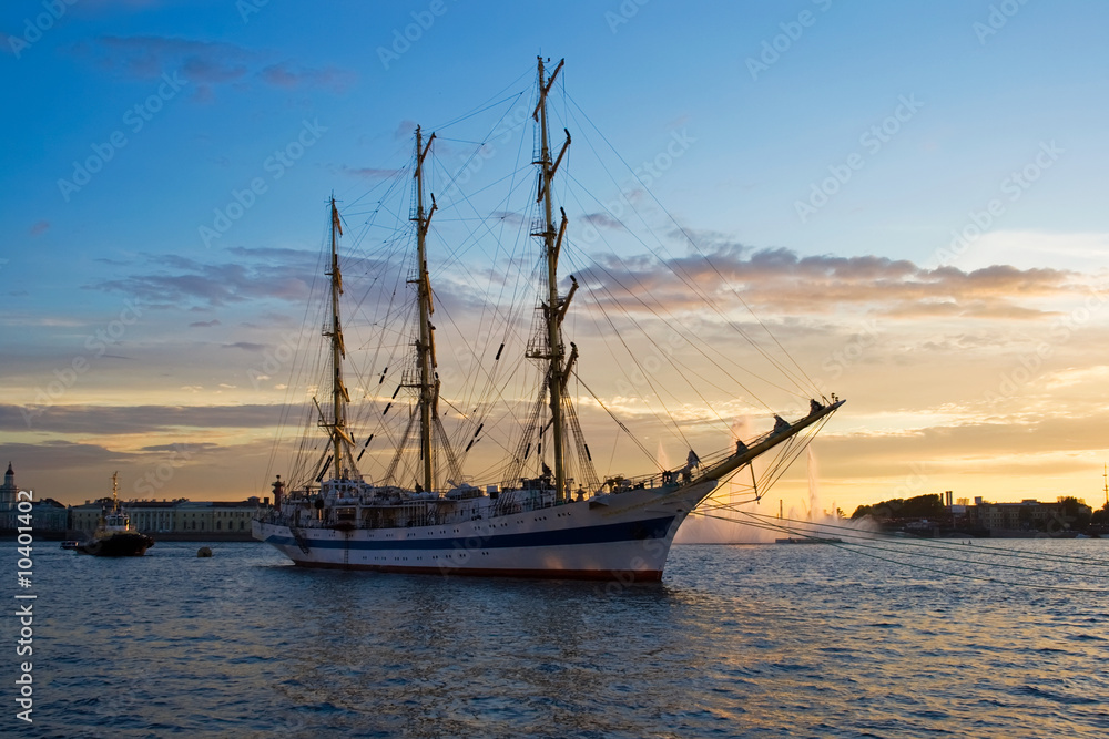 A sailing ship anchored in Neva river, Saint Petersburg.