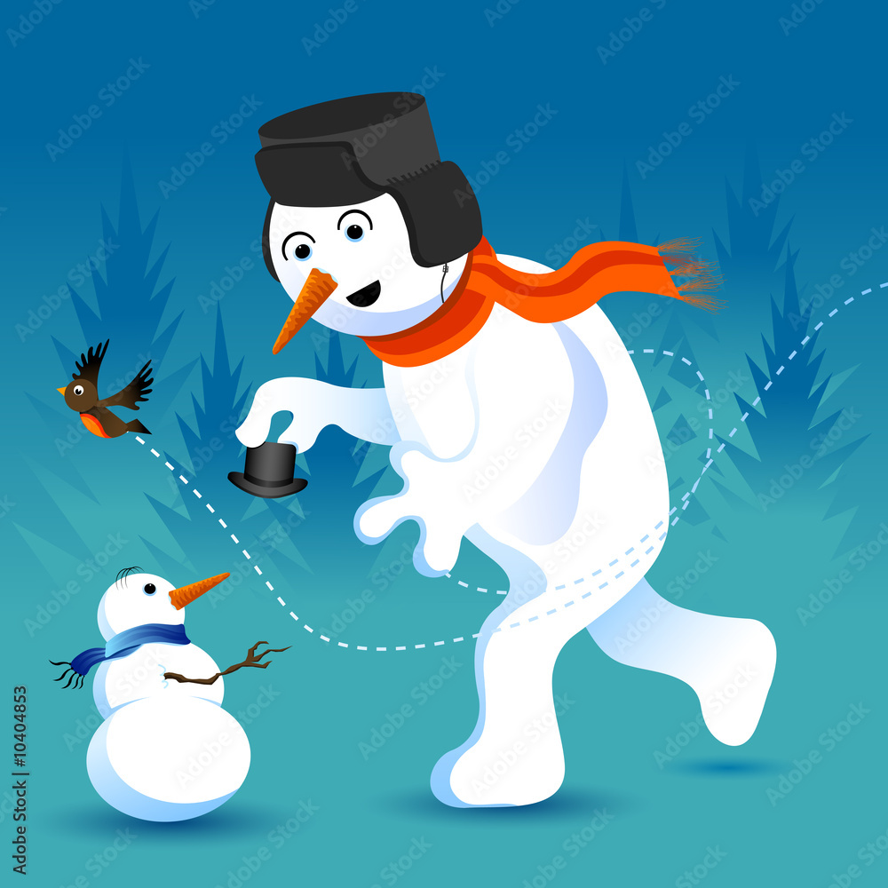 Fototapeta premium Winter fun - making a snowman! Vector illustration.