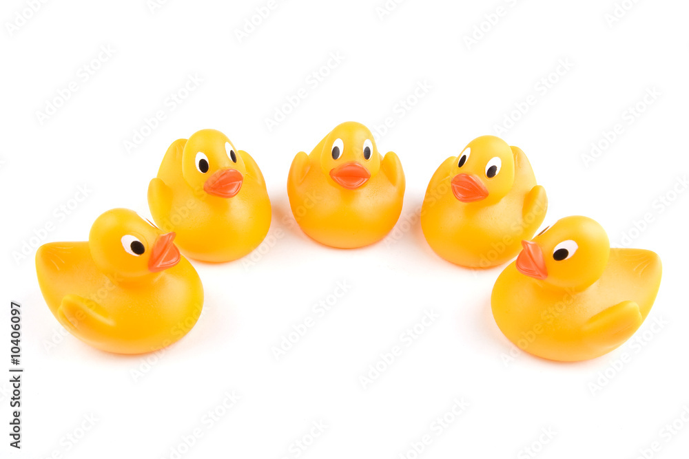 Five rubber ducks stand in a semi-circle Five rubber ducks stand in a semi-circle