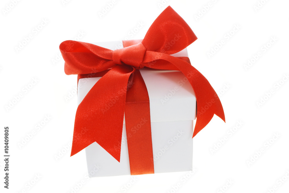 Gift box with red bow ribbon on white background
