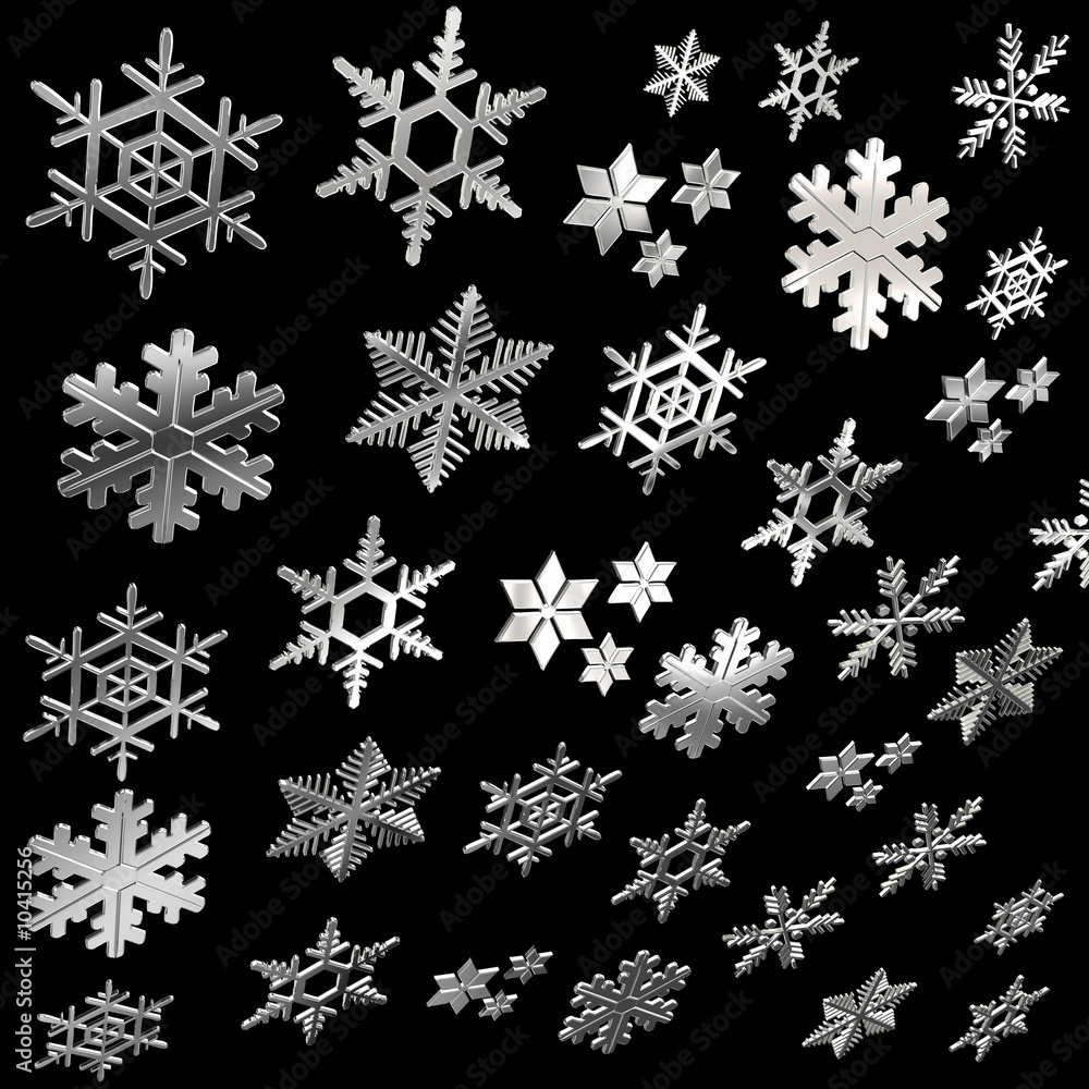 Flying silver snow flakes on black background Flying silver snow flakes on black background