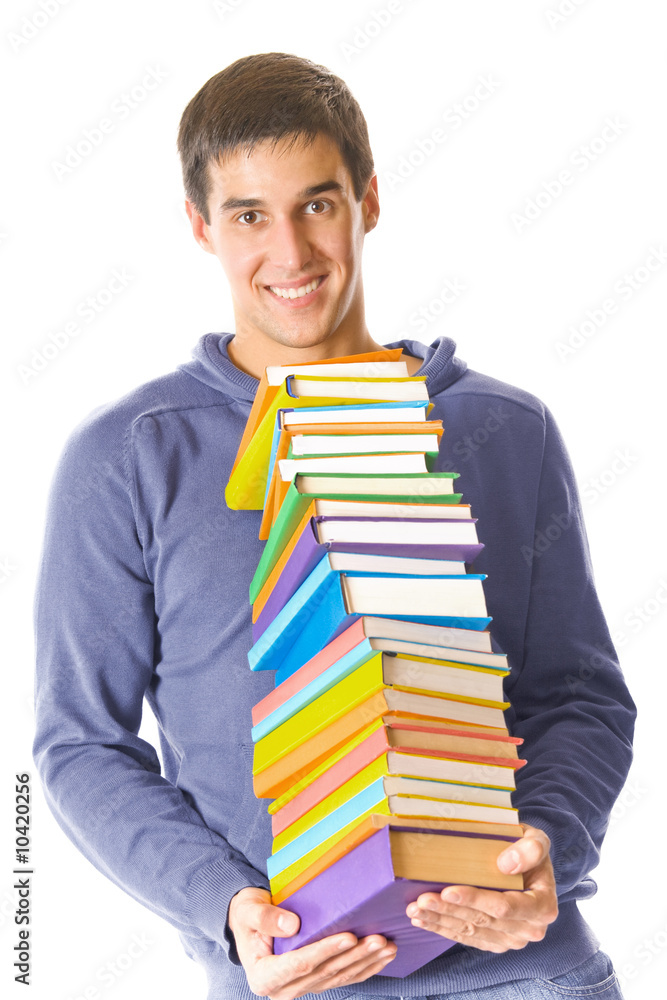 Isolated young happy smiling man with books Isolated young happy smiling man with books