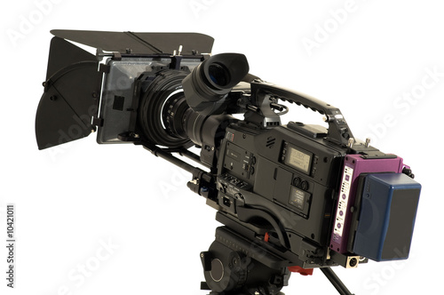 Professional digital video camera on a white background.