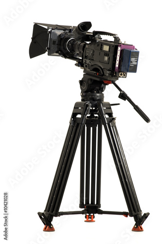 Professional digital video camera on a white background.