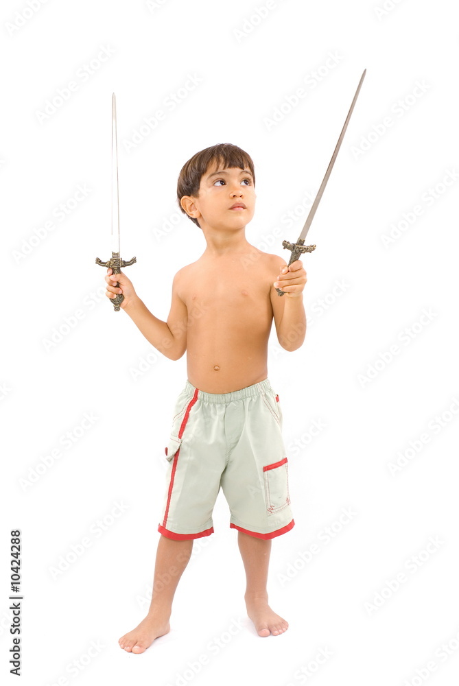 Kid holding two swords on white . Kid holding two swords on white .