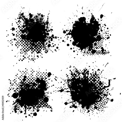Collection of four ink splats with halftone dots in black