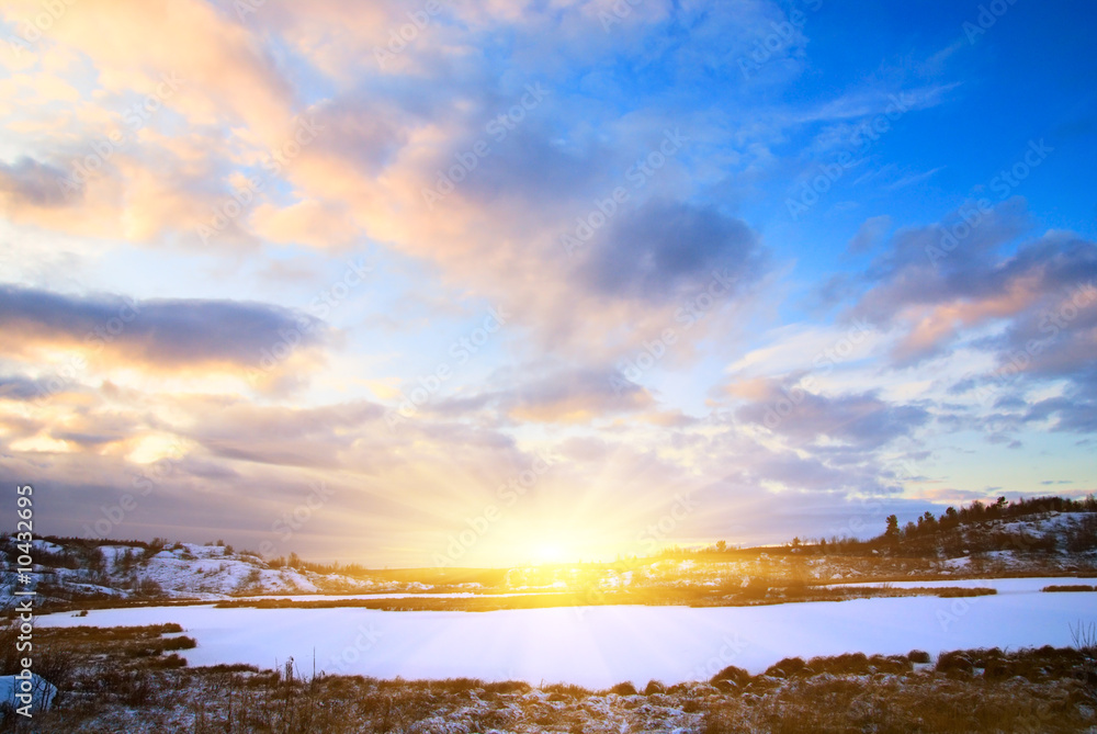 winter north lake and sunset