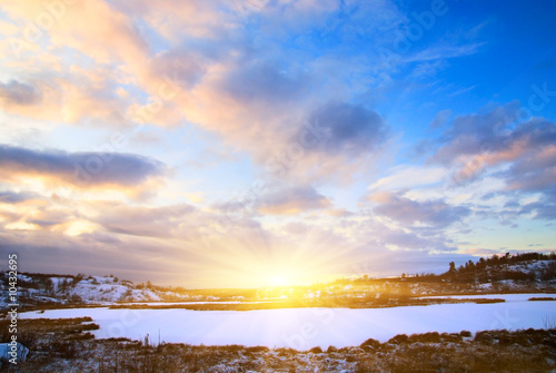 winter north lake and sunset