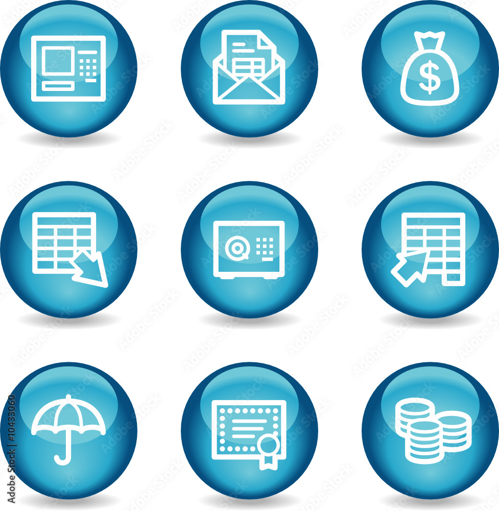 Banking web icons, blue glossy sphere series Banking web icons, blue glossy sphere series