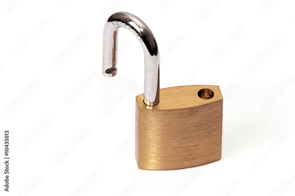 close up of gold and silver open lock on white close up of gold and silver open lock on white