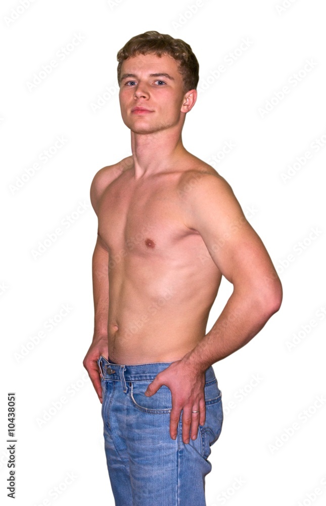 Strong man with naked chest in jeans