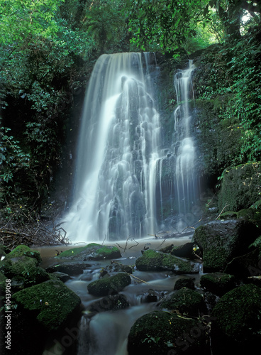 Small deep forest waterfall in sunny summer day