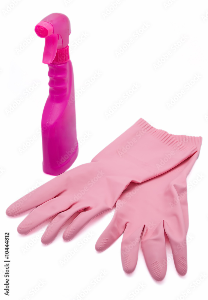 Washing up rubber gloves and pink cleaning spray Washing up rubber gloves and pink cleaning spray