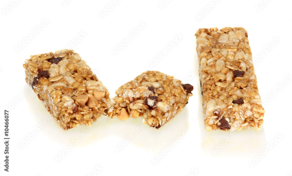 Two chocolate chip granola bars on a white background Two chocolate chip granola bars on a white background
