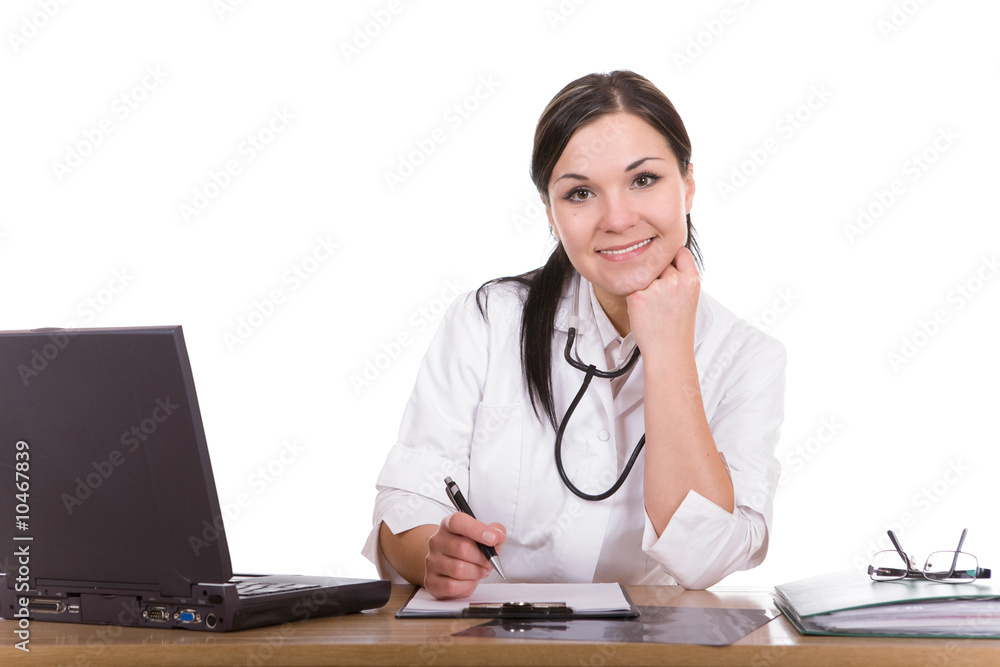 attractive brunette woman at desk. over white background attractive brunette woman at desk. over white background