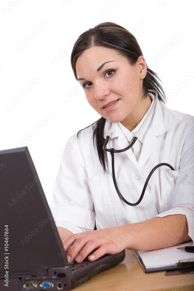 attractive brunette woman at desk. over white background attractive brunette woman at desk. over white background