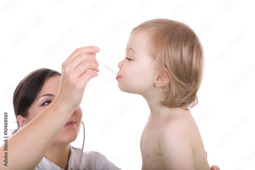 Young pediatrician with baby girl, over white background Young pediatrician with baby girl, over white background