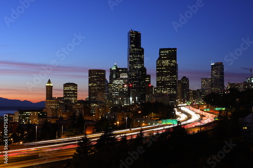 Seattle skyline and I-5 traffic after sunset