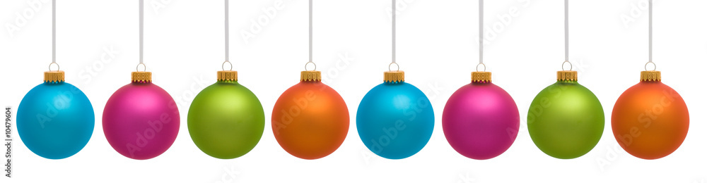 Blue, pink and green colorful Christmas ornaments on white