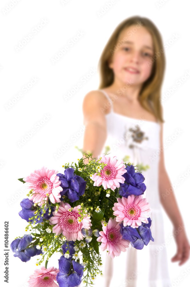 Girl with flowers in colorful bouquet to you