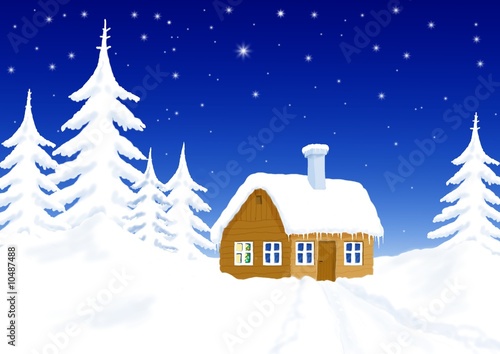 illustration little house in winter scenery