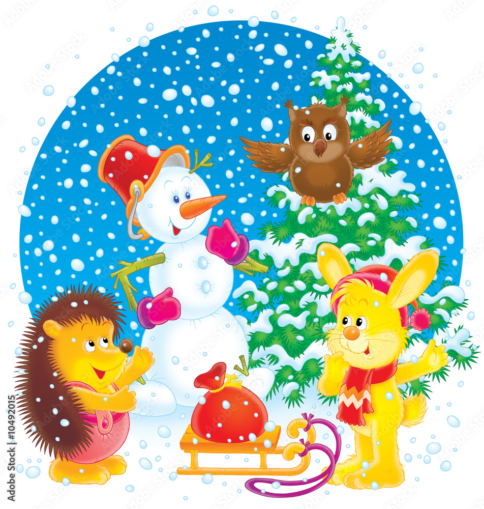 Snowman, rabbit, owl and hedgehog Snowman, rabbit, owl and hedgehog