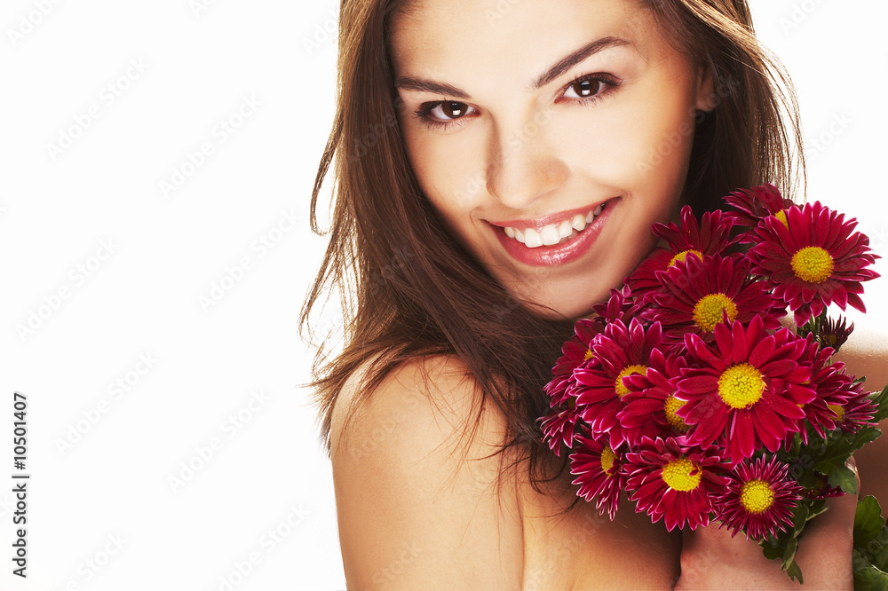 bright picture of lovely girl with red yellow flower
