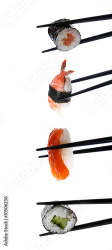 Stock Photo: Sushi with chopsticks isolated on white #10506236
