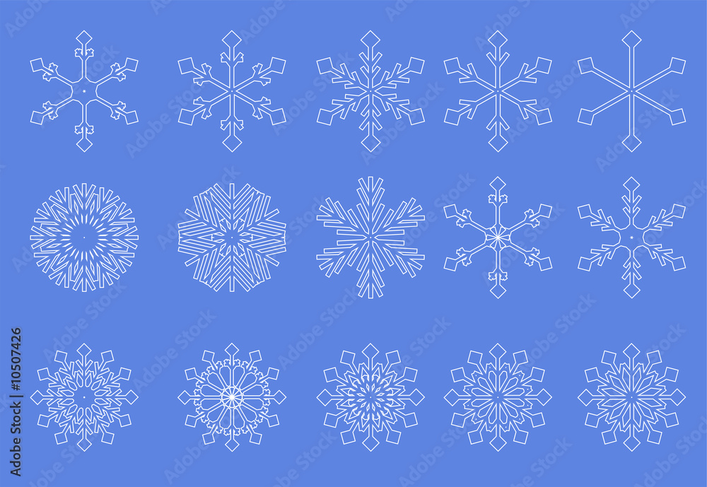 Collection set white snowflakes blue background Collection set white snowflakes blue background