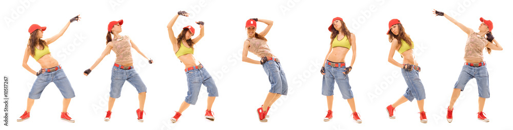 photo set of attractive hip hop girl isolated on white