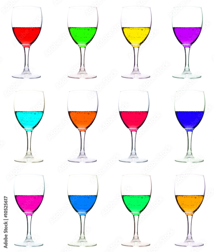 wine glasses with multicolor liquid, isolated on white wine glasses with multicolor liquid, isolated on white
