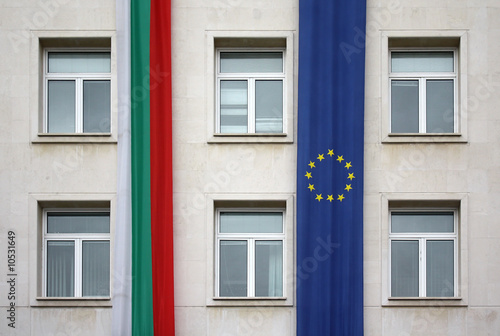 The European Union and Bulgaria flags on wall