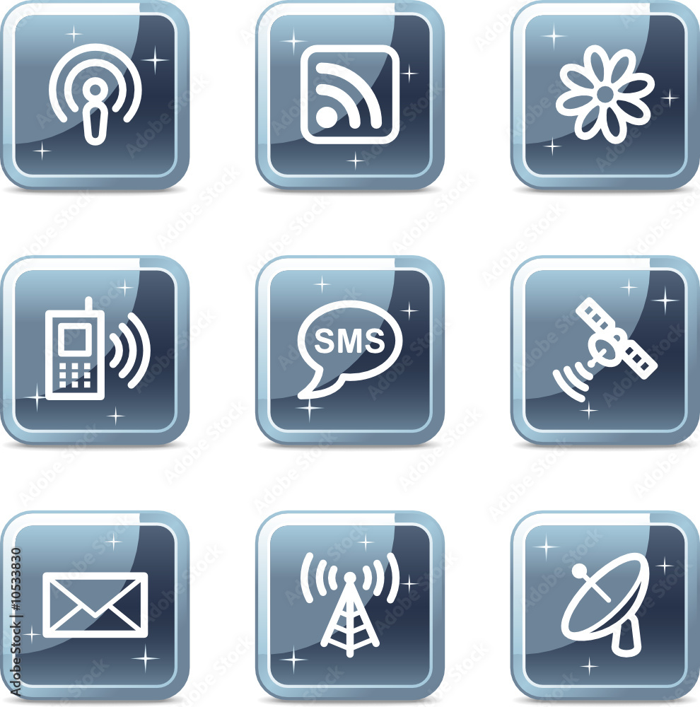 Communication web icons, square blue mineral buttons series Communication web icons, square blue mineral buttons series
