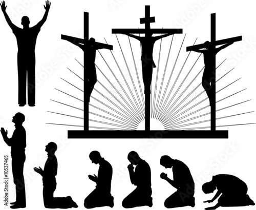 Silhouettes of the three crosses and praying man. #10537465