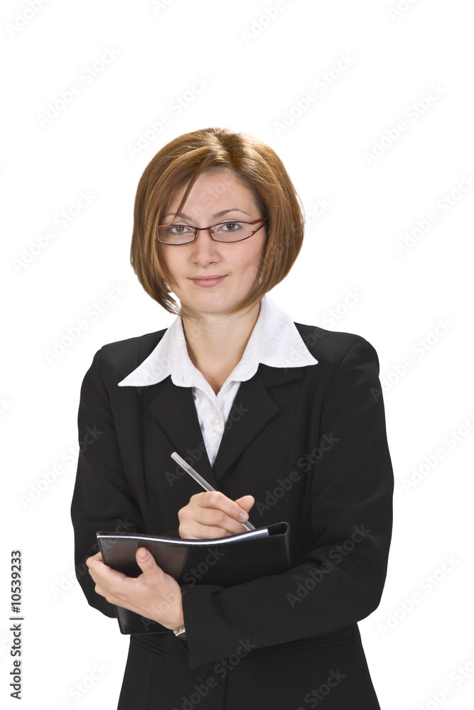 Young businesswoman writing something on a wallet Young businesswoman writing something on a wallet