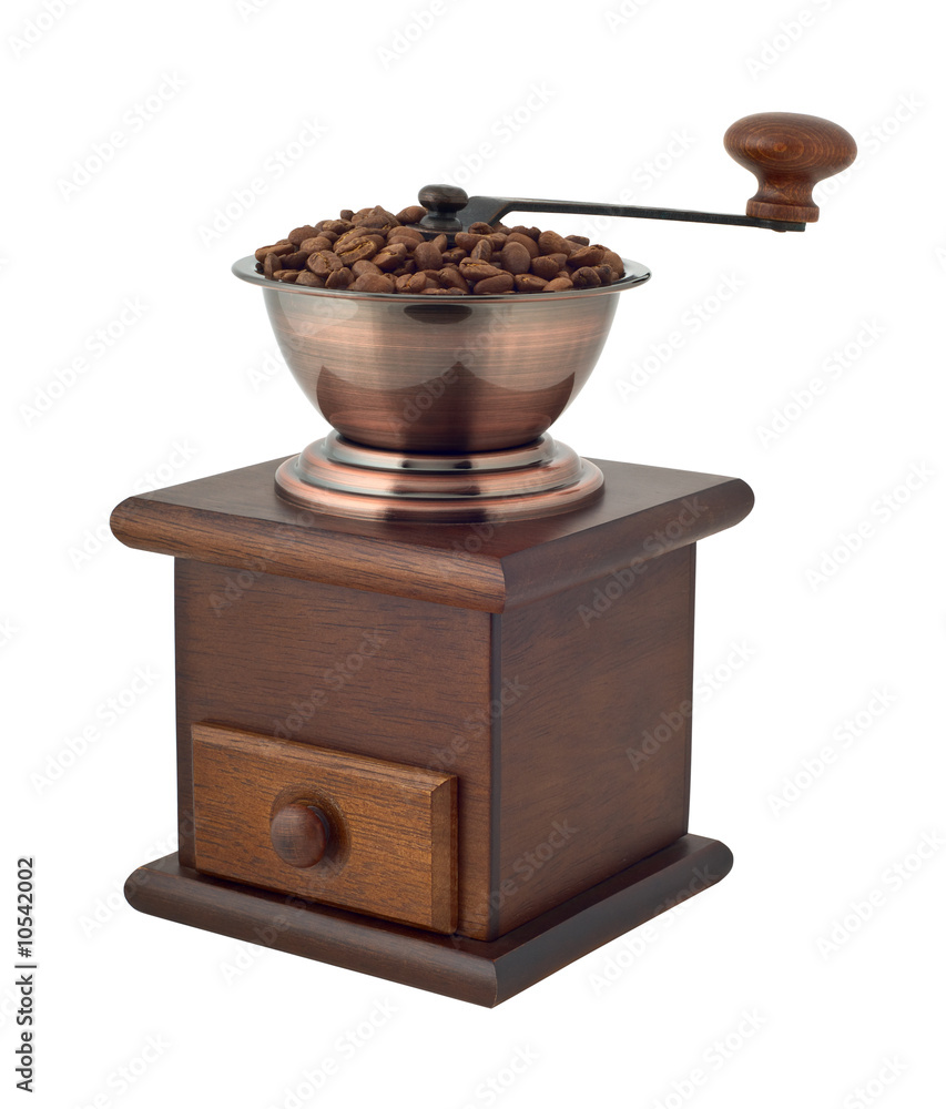 Coffee grinder and beans isolated on white background