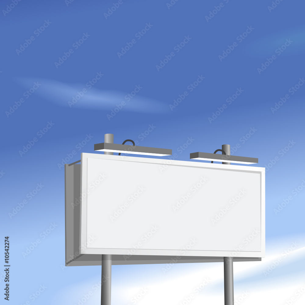 Billboard sign high on blue sky background Billboard sign high on blue sky background