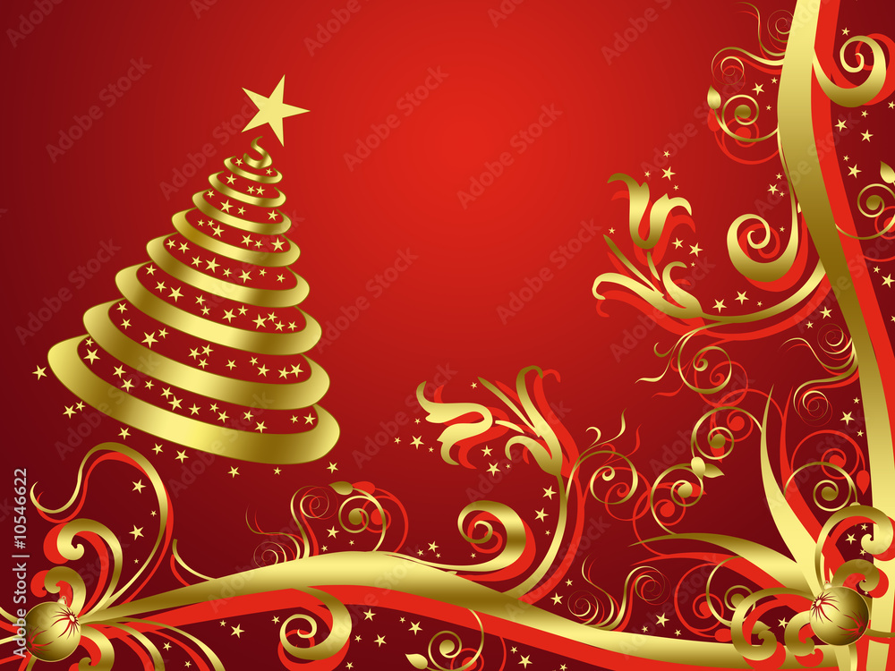 Christmas tree with golden flowers on red background #1
