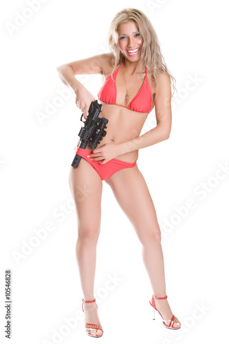 Beautiful girl in red bikini with the big black gun