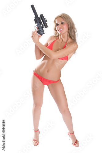 Beautiful girl in red bikini with the big black gun