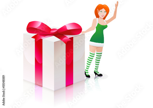 Elfe en robe verte et un cadeau (reflet)