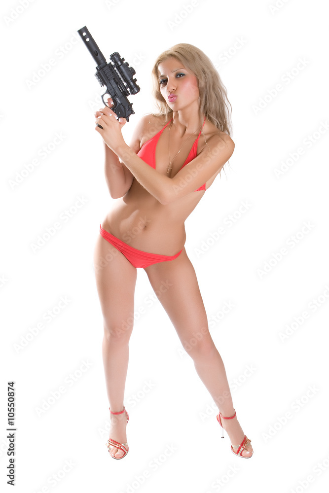 Beautiful girl in red bikini with the big black gun Beautiful girl in red bikini with the big black gun