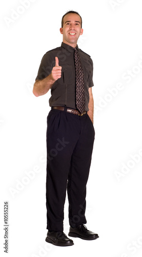 Full body view of a very positive employee giving a thumbs up