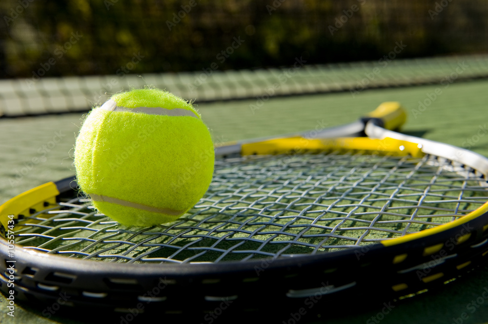 A tennis racket and new tennis ball on a tennis court