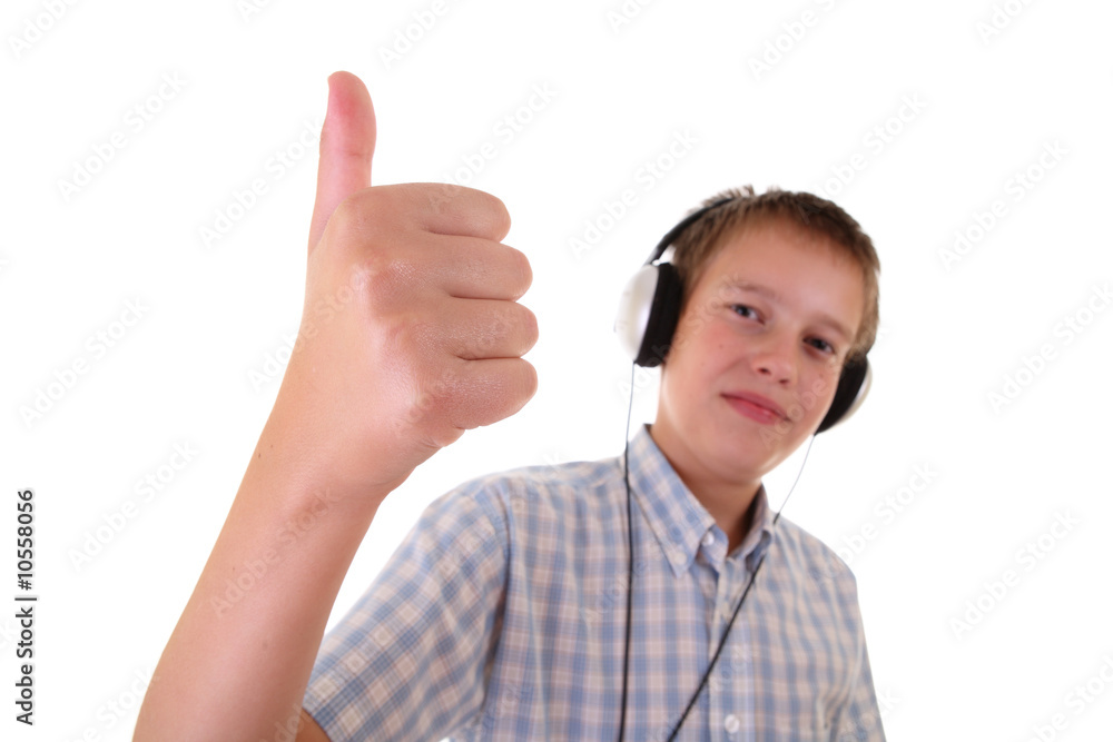 teenager with headphones laughing and showing OK.