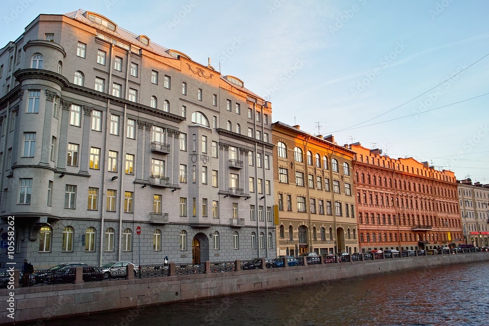 Old buildings on the river quay in Saint Petersburg
