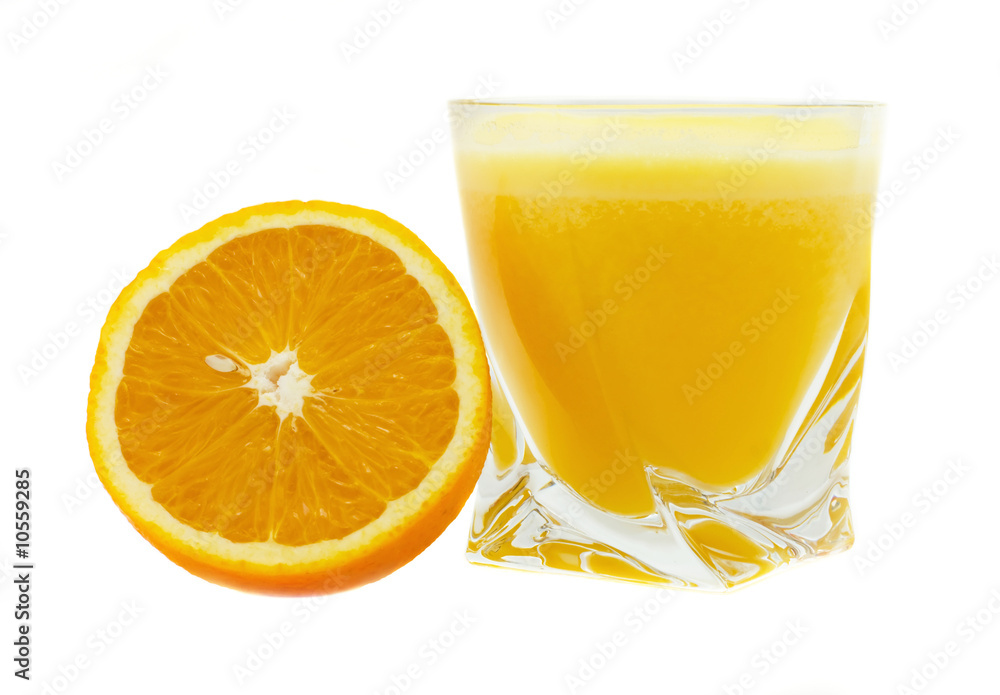 Glass of orange juice and orange on a white Glass of orange juice and orange on a white